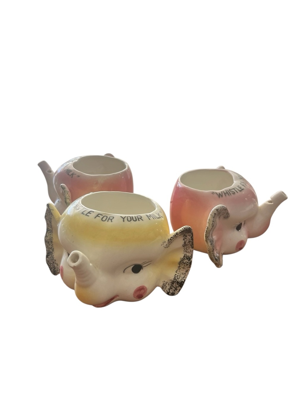 Vintage Set of 3 Ceramic Elephant "Whistle for Your Milk" Novelty Cups